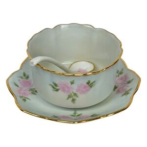 Antique Limoges White Porcelain Sugar Bowl Plate Spoon Set Rose Garden Gold Trim